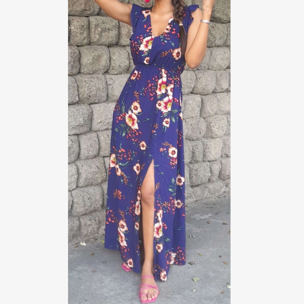 Boho Navy Blue Floral Print V neck Ruffle Cap Sleeve Maxi Dress - Picture 2 of 7